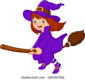 Cartoon Halloween little witch flying