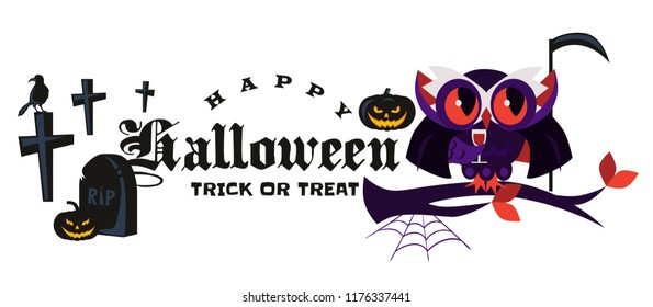 Cartoon Halloween logo dracula owl flat poster vector illustration. Magic night-bird in mask sitting on tree branch with glasses. All Hallows Eve concept. Isolated on white background