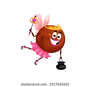 Cartoon Halloween macadamia fairy character. Funny vector pixie nut with mischievous expression wear pink fantasy outfit holding wand and pot. Whimsical fantasy personage with wings and smiling face