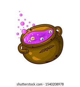 Cartoon halloween magic cauldron with magic potion. Beautiful illustration for your design. 