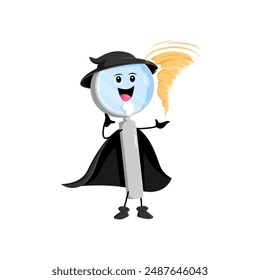 Cartoon Halloween magnifying glass school stationery mage, wizard and witch character conjuring an tornado spell enchantment with a mischievous grin. Isolated vector loupe personage in wiz costume