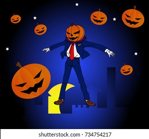 Cartoon Halloween Man super hero on night time.