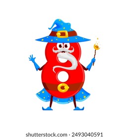 Cartoon Halloween math number eight as mage character, funny digit in holiday costume, isolated vector. Number 8 in Halloween costume of sorcerer or wizard with magic wand in cape with stars