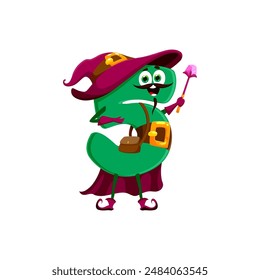 Cartoon halloween math number five mage character. Mathematics number cute sorcerer personage, kids education digit warlock or 5 numeric symbol Halloween wizard vector happy mascot with magic wand