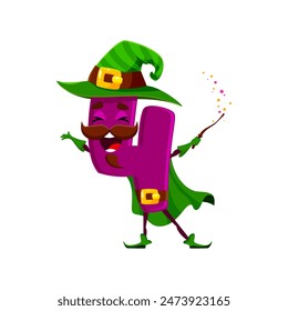 Cartoon Halloween math number four wizard character. School math number sorcerer childish mascot, mathematics 4 digit warlock or numeric symbol mage isolated vector happy personage with magic wand