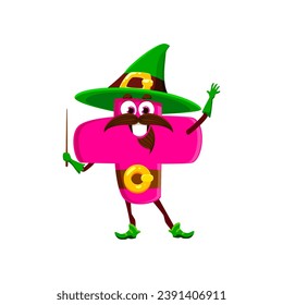 Cartoon Halloween math number plus sign wizard character. Isolated vector cute mathematics and arithmetic symbol wear sorcerer hat casting educational spell with powerful its wand for teaching kids