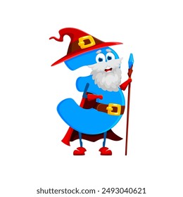 Cartoon Halloween math number three wizard character. Kids education number funny sorcerer, mathematics symbol cute warlock or digit magician isolated vector childish personage with magic scepter