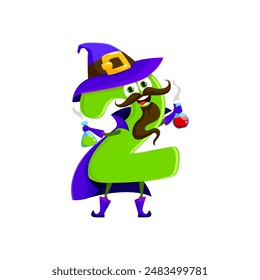 Cartoon Halloween math number two wizard character. Child education number funny sorcerer Halloween mascot, mathematics numeric symbol wizard or mage isolated vector cute personage with magic potions