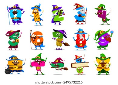 Cartoon Halloween math number wizard, witch and mage characters. Vector zero, one or two, three and four, five, six, seven, eight and nine. Equation, plus and minus, multiplication, division mages