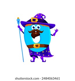 Cartoon halloween math number zero wizard and mage character. Kids education number cute wizard personage, sorcerer or mathematics 6 symbol warlock isolated vector funny mascot with magic scepter