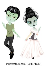 Cartoon Halloween monster characters Frankenstein and his bride.