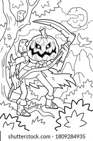 cartoon halloween monster jack lantern, coloring book, funny illustration