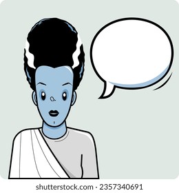 Cartoon Halloween monster with speech bubble. Bride of Frankenstein. Vector illustration