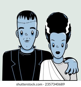 Cartoon Halloween monsters. Frankenstein and his bride. People with costumes celebrating Halloween. Vector illustration