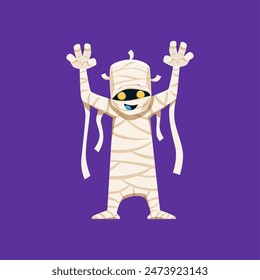 Cartoon Halloween mummy character. Isolated vector funny bandaged monster with happy smiling face. Isolated cute personage with glowing googly eyes and a toothy grin, bringing a fun and spooky vibe