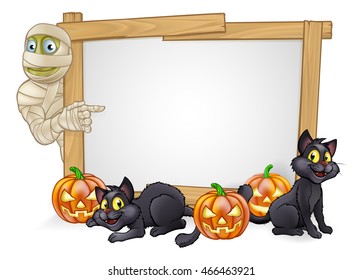 A cartoon Halloween mummy character pointing at a sign with black witches cats and carved pumpkins