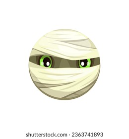 Caricatura de Halloween, el personaje emoticono de la momia envuelto en vendas destrozadas con ojos verdes traviesos asomando, evocando vibraciones espeluznantes pero juguetonas. Cara redonda de emoticono lindo vector aislado para la aplicación