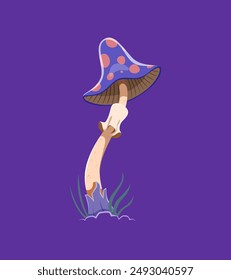 Cartoon Halloween mushroom, sinisterly shaped magic amanita fungus. Vector toadstool with narrow dotted cap and slim stipe. Occult ingredient for witch potion. Mysterious, toxic, lurking in the dark