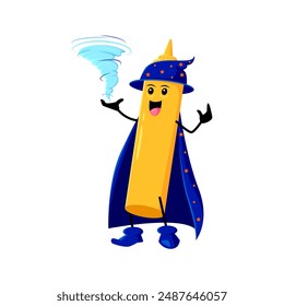 Cartoon Halloween mustard bottle fast food mage, wizard and witch character. Isolated vector whimsical personage with a pointed hat and a magic power, casting flavorful enchantment tornado spell