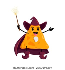 Cartoon Halloween nachos tex mex food wizard and mage character. Isolated vector whimsical and magical warlock personage who enchants spellbinding cheesy, crunchy, and delicious spells