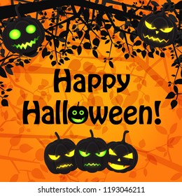 Cartoon Halloween natural template with evil pumpkins tree branches and leaves on orange floral background vector illustration