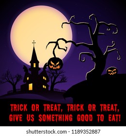 Cartoon Halloween night scary poster with text castle trees evil pumpkins on purple moon background vector illustration