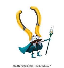 Cartoon halloween nippers tool wizard character. Repair, fixing diy or construction instrument hold magic staff. Isolated vector funny wire-cutter personage dressed in warlock robe celebrate wiz party