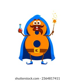 Cartoon Halloween number 8 or digit character in holiday costume, vector wizard mage. Number eight in Halloween costume of witch sorcerer with magic wand and potion for kids algebra or arithmetics