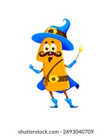 Cartoon Halloween number one in wizard costume for holiday, vector funny mathematics for kids. Number 1 one character as witch sorcerer or magician with magic wand and hat for Halloween algebra study