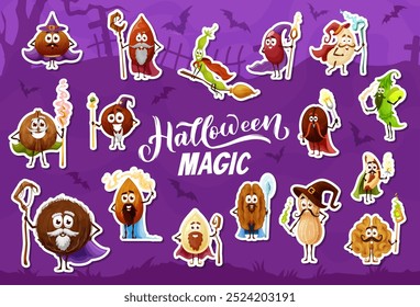 Dibujos animados de personajes de nueces de Halloween, brujas o magos para vacaciones de noche de terror, iconos vectoriales. Pegatinas de Halloween de divertido mago de almendras, maní y hechicero de avellana con varita mágica o volando en la escoba