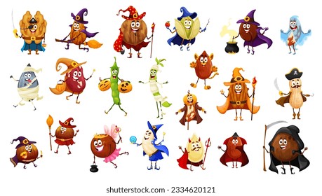 Cartoon Halloween nuts and beans characters as witch wizard and monster, vector holiday icons. Funny cute walnut zombie, hazelnut vampire and kidney bean monster with peanut pirate on Halloween party