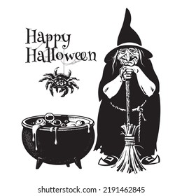Cartoon Halloween old witch holding broomstick standing near cauldron. Happy Halloween text with gigantic spider hanging on its web. Hand drawn vector illustration isolated on white background.