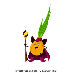 Cartoon halloween onion wizard vegetable character. Farm vegetable sorcerer cute personage, onion magician or veggie mage isolated vector childish mascot with magic scepter or staff