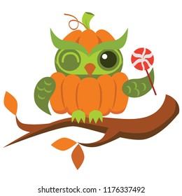 Cartoon Halloween orange pumpkin owl flat poster