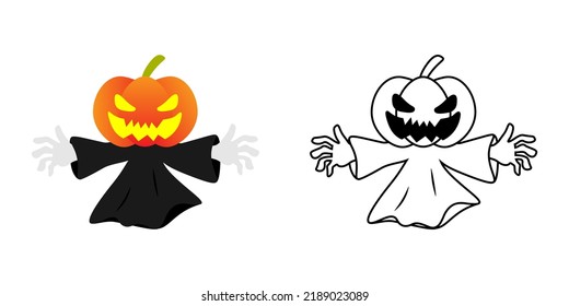 Cartoon Halloween orange smile pumpkin set with the death character design. Color and black and white line art style. Isolated on white background, flat design, vector, EPS10