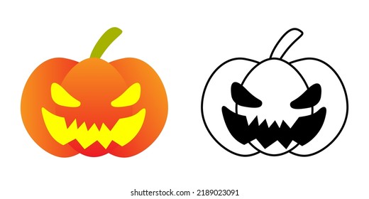 Cartoon Halloween orange smile pumpkin set. Color and black and white line art style. Isolated on white background, flat design, vector, EPS10