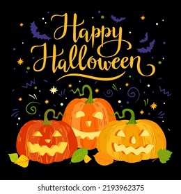 Cartoon Halloween orange   yellow pumpkins and carving smiles  autumn leaves vector illustration  Happy Halloween hand written lettering 