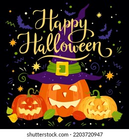 Cartoon Halloween orange and yellow pumpkins with carving smiles, autumn leaves vector illustration, Happy Halloween hand written lettering.