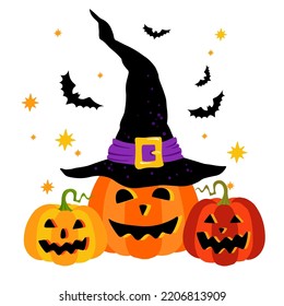 Cartoon Halloween orange and yellow pumpkins with carving smiles, autumn leaves vector illustration, Happy Halloween hand written lettering.