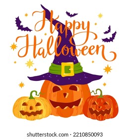 Cartoon Halloween orange and yellow pumpkins with carving smiles, autumn leaves vector illustration, Happy Halloween hand written lettering.