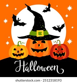 Cartoon Halloween orange and yellow pumpkins with carving smiles, vector illustration, Halloween hand written lettering.