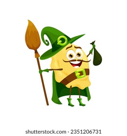 Cartoon Halloween orecchiette pasta sorcerer character. Wizard, mage or magician Italian restaurant pasta isolated vector happy personage. Warlock Italy cuisine noodle cheerful or mascot with broom