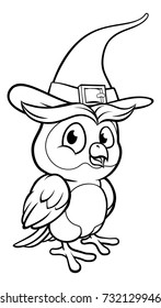 A cartoon Halloween owl character wearing a witch hat