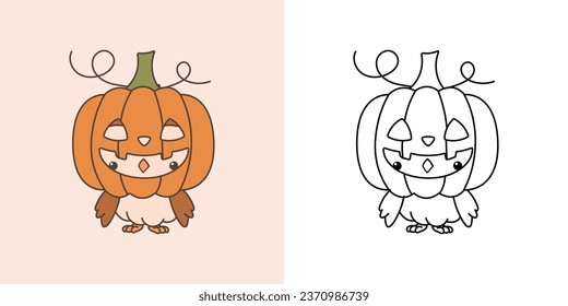 Cartoon Halloween Owl Clipart for Coloring Page and Illustration. Happy Clip Art Halloween Forest Bird. Cute Vector Illustration of a Kawaii Halloween Animal Inside a Pumpkin. 