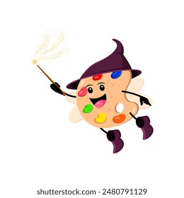 Cartoon Halloween paint palette mage, wizard and witch character. Isolated vector whimsical artist tool personage in a charming fairy costume, waves a magical wand, spreading colorful enchantment