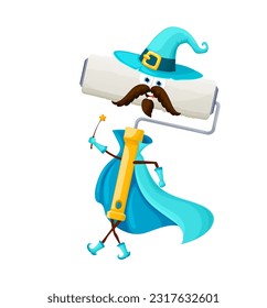 Cartoon Halloween paint roller tool wizard character. Diy instrument holding wand. Vector funny smiling construction or renovation personage dressed in warlock robe and hat ready for home improvement