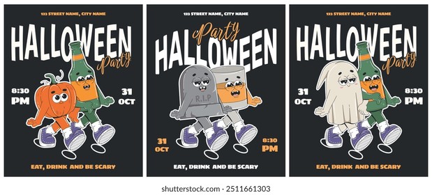 Cartoon Halloween party invitation posters with groovy cartoon characters. Ghost, pumpkin, tombstone, beer bottle, glass of whisky. Flyer template design.