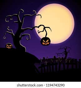 Cartoon Halloween party poster with scary tree evil pumpkins and cemetery on purple moon background vector illustration