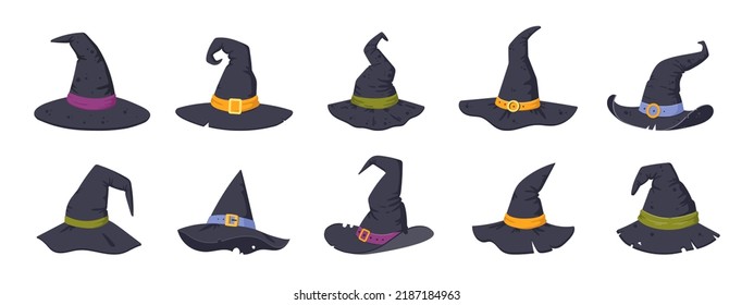 Cartoon Halloween party witch hats, witchcraft party costume elements. Black spooky decorated hats, wizard headdress vector symbols illustrations set. Halloween hats collection