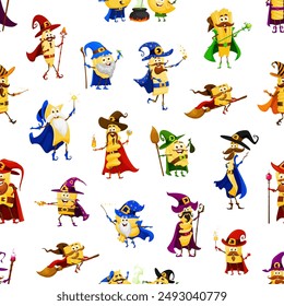 Cartoon Halloween pasta wizard and mage characters pattern. Wallpaper or fabric print vector background with orzo, orecchiette, lasagna, ditalini and filini, eliche, all uovo sorcerer cute personages